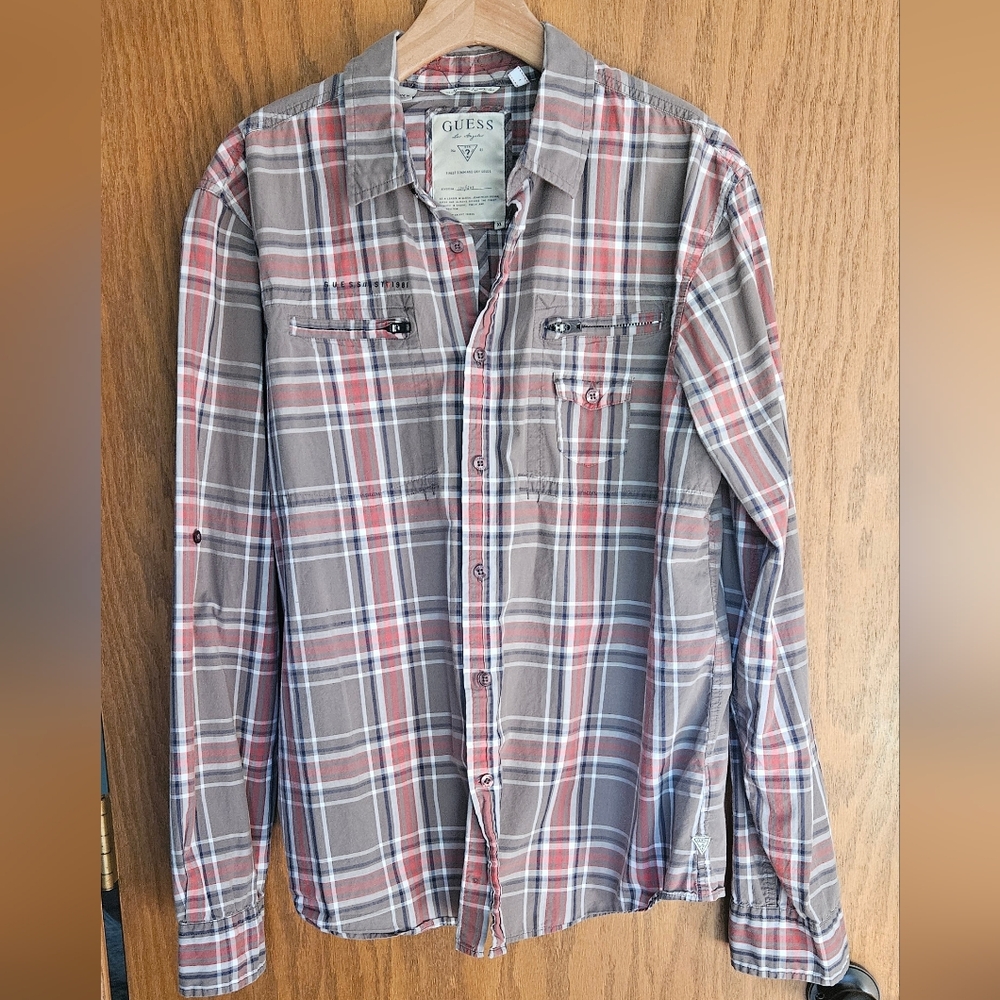Men's Guess Plaid Button-Up Shirt in Gray, Red & Blue